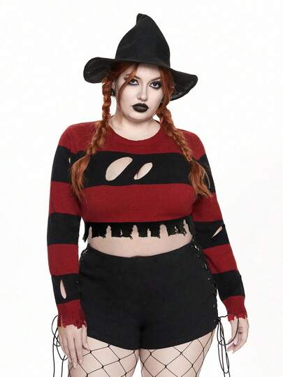Goth Plus Size Halloween Red & Black Striped Distressed Cropped Sweater