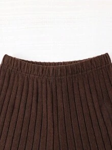 SHEIN Sparklyn 2pcs Vintage Casual Set: Fitted Striped Lapel Fuzzy Long Sleeve Button-Up Cardigan Top And Solid Color Flare Pants For Teen Girls, Fall, Fall Outfits - Brown - View 7
