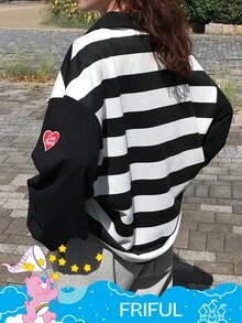 SHEIN X Care Bears FRIFUL Women's Loose Fit Polo Collar Letter Graphic Striped Long Sleeve Casual T-Shirt - Black and White - View 2