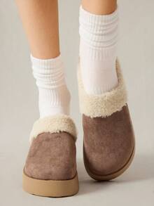 女士休闲保暖圆头拖鞋，棕色厚底平底鞋 - 棕色 - 查看 9