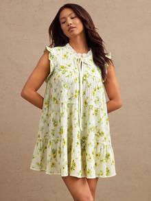 WESTFADE Ditsy Floral Printed Ruffle Mock Neck Bow Tie Lace Up Front Sleeveless Mini Dress Western Wear Women