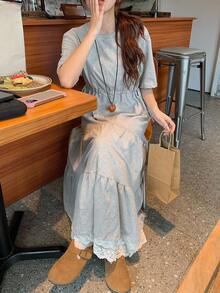 DAZY 女士休闲日常通勤简约纯色收腰层叠下摆连衣裙，夏季吊带裙 - 灰色 - 查看 7