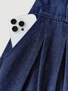 SHEIN Girlism Tween Girls Fall/Winter Fashion Versatile Navy Blue Denim Raw Edges Long Pleated Skirt,For Girls Fall/Winter  Dailywear Costume,Girls Streetwear Outfits And Back To School Clothes,Girls Christmas Outfits,  Denim Pleated Skirt, Pleated Denim Skirt, Frayed Denim Skirt, Raw Hem Denim Skirt - Dark Wash - View 3