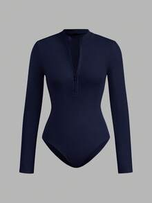 SHEIN EZwear 2pcs Women Black & Navy Blue Zip-Up High Neck Tight Fit Bodysuit Set, Casual Long Sleeve, Suitable For Autumn/Winter,Fall,Black Bodysuit - Multicolor - View 11