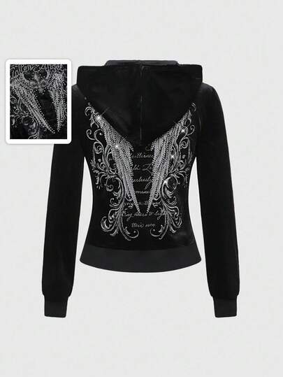 Grunge Punk Grunge Style Distressed Wing Print Rhinestones Embellished Fitted Women Hooded Sweatshirt
