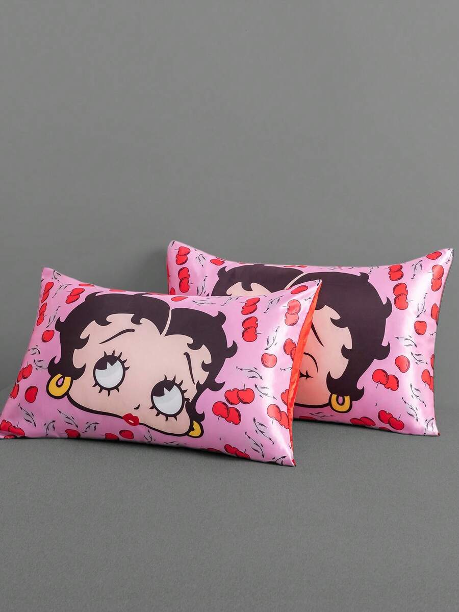 Betty Boop x SHEIN 2 Pcs Cartoon Figure Graphic Pillowcase Set, Taffeta Fabric, Comfortable & Cool, Cherry Blossom Print Pink Pillow Cover, Smooth & Non-Wrinkle, Gentle On Hair & Skin, Cherry Pattern,Gift Ideas,Party,Holiday,Valentine's Day - Pink - View 1