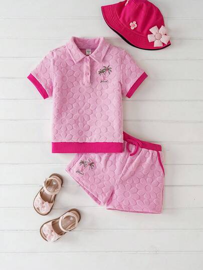 Joliand Joliand 2pcs Young Girl Elegant City Style Cute Vacation Palm Tree Embroidery Pink Short Sleeve Polo Top And Shorts Set, Suitable For Gathering, Travel, Party, Summer Young Boys 2 Piece Kids Clothes For Summer Kids Summer Clothes Outfit Set Outfit Sets For Kids Summer Kids Summer Wear Pink Two Piece Set Kids Pink Short Sets Girls Kids Pink Outfit Summer Lounge Set Tweens Kids Resort Wear ColorfulJoy