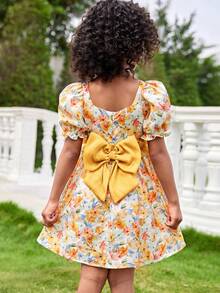 Joliand Joliand فستان أنيق ذو أكمام منفوخة بطراز زهري وفيونكة كبيرة للفتيات الصغيرات، مناسب للتجمعات، والخروجات، والزفاف، والحفلات، الصيف - متعدد الألوان - مشاهدة 3