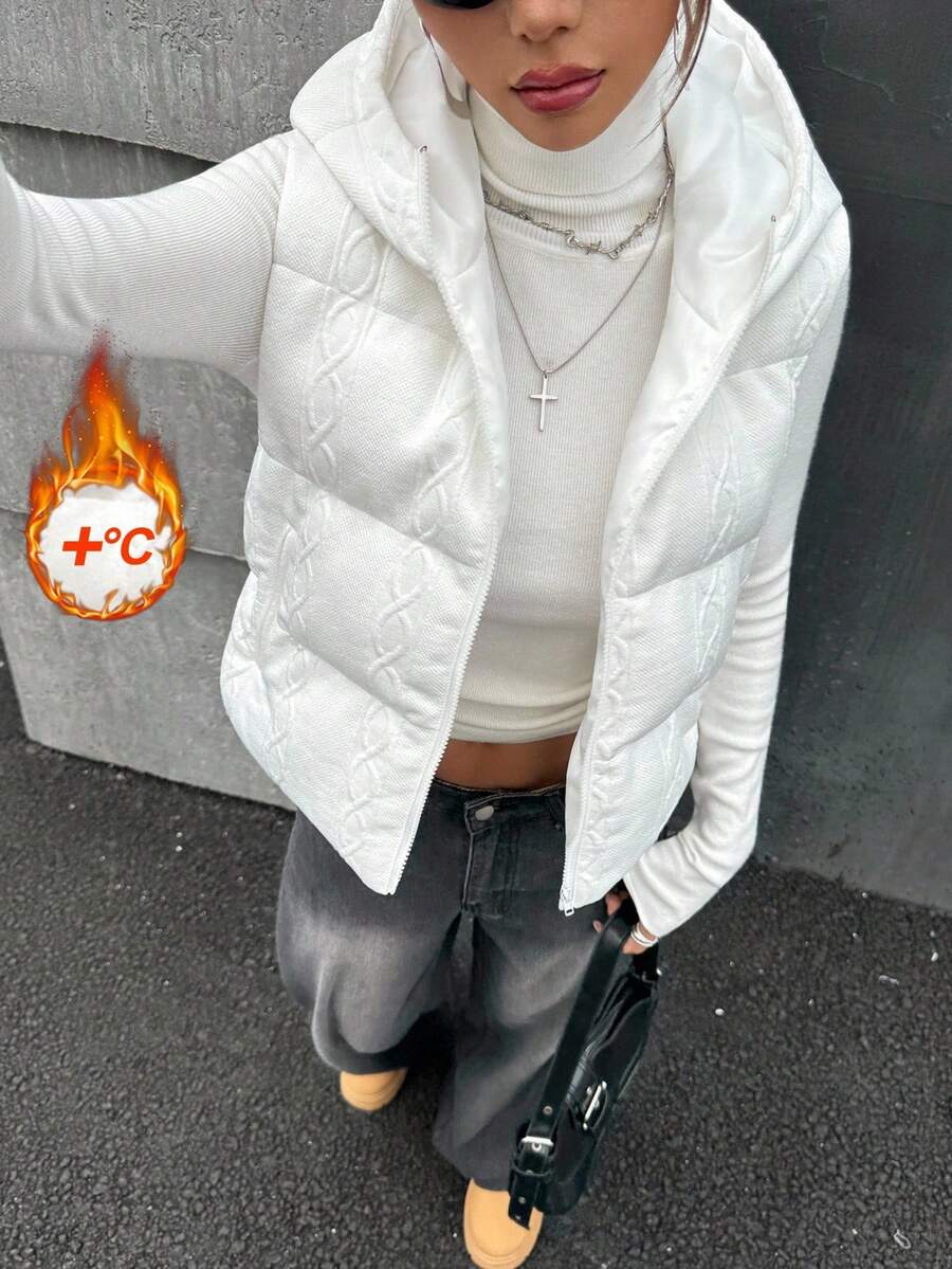 SHEIN ICON 性感女孩休闲背心夹克白色连帽羽绒背心秋冬