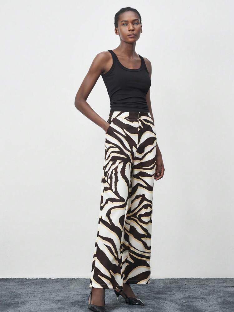 SHEIN Maija Damskie spodnie casualowe z szerokimi nogawkami i kieszeniami w zebrę