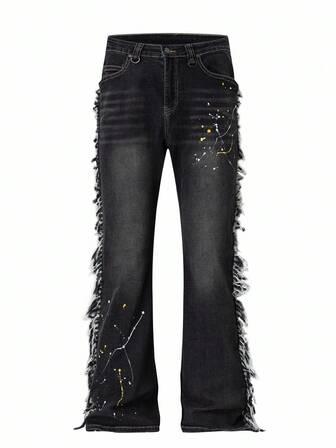 Grunge Punk Jeans casuales con diseño de bolsillo y dobladillo acampanado deshilachado para hombres