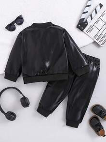 SHEIN Playful Pals 2pcs/Set Toddler Boys Autumn/Winter Glossy Thermal Lined Jacket And Elastic Waist Thermal Lined Pants, Suitable For School, Casual, Personalized, Long Sleeve, Streetwear, 6M-3T, Children Outfit, Infant Clothing Fall - Black - View 3