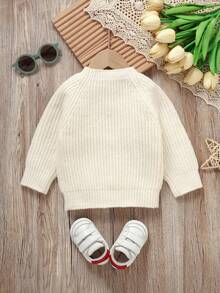 男婴米白色圆领套头毛衣，长袖针织衫，休闲简约婴儿基础款中性针织衫，新生儿毛衣，秋冬季男婴毛衣套装，女婴秋季毛衣 - 米色 - 查看 2