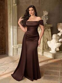 Aureia Plus Size Elegant Minimalist Green Cold Shoulder Ruched Waist Luxury Satin Mermaid Hem Bridesmaid Dress - Coffee Brown - View 7