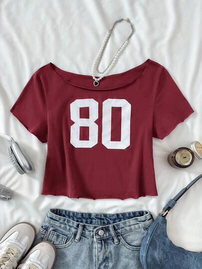 Teen Girl Casual Red Knitted Slogan Off-Shoulder Printed Short Short-Sleeved Fitted Top, Spring And Summer, Cool, Basic, Daily, Versatile, Sports Fashion Summer Tops, Back To School Season, School Uniforms~ Number Crop Top Teen Girl Crop Top 80s Crop Top