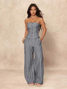 SHEIN PETITE 2pcs Women's Minimalist Striped Tube Top And Wide Leg Pants Set, Commuter Style, Summer - Dark Grey - View 7