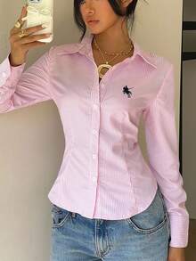 SHEIN EZwear Áo sơ mi dài tay dáng ôm, cài nút phía trước, thắt eo, thích hợp cho mùa thu/đông, thêu logo nhỏ - Nhiều màu - Xem 3