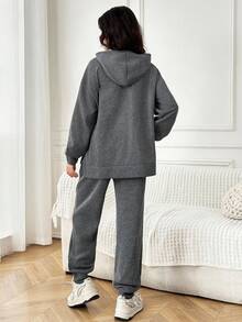 Teen Girl Loose Casual Minimalist Comfortable Hoodie Sweatshirt And Long Pants Set - Grey - View 2