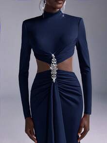 Elitara Minimalist Red Rhinestone Embellished Mermaid Maxi Dress, Suitable For Attending Parties, Gatherings, And Formal Dinners - Navy Blue - View 5