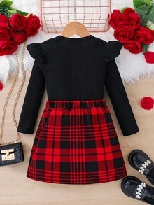 SHEIN Girl 2Pcs Velvet Square Neck Gigot Sleeve Tee Top & Bow Detail Plaid Print Asymmetrical Hem Skirt Outfits,Autumn Birthday Cute Casual Preppy For Kids - Black - View 5