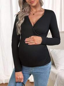 SHEIN Áo thun dài tay dáng ôm dáng đơn sắc dáng chéo cho bà bầu - màu đen - Xem 4