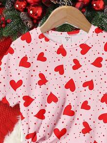 Heart Print, Pink & Red, Young Girl Casual Cartoon Pattern Short Sleeve T-Shirt And Legging 2 Pieces Loungewear Set - Multicolor - View 6