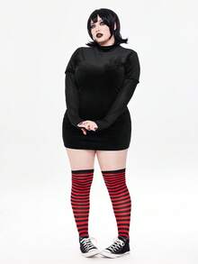 ROMWE Avant Plus Size Halloween Costume Cosplay Velvet Contrast Mesh Sleeve Bodycon Dress Winter - Black - View 2
