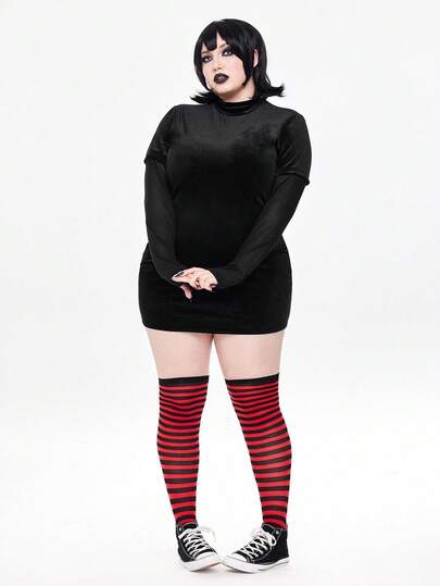 ROMWE Avant Disfraz de Halloween de talla grande Cosplay Vestido ajustado de terciopelo con contraste de manga de malla