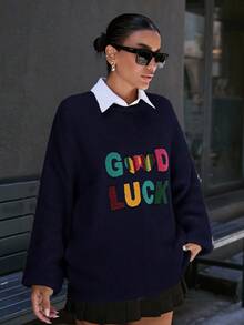 EURMUSE Women's Casual Embroidered Knit Crew Neck Long Sleeve Pullover - Navy Blue - View 7