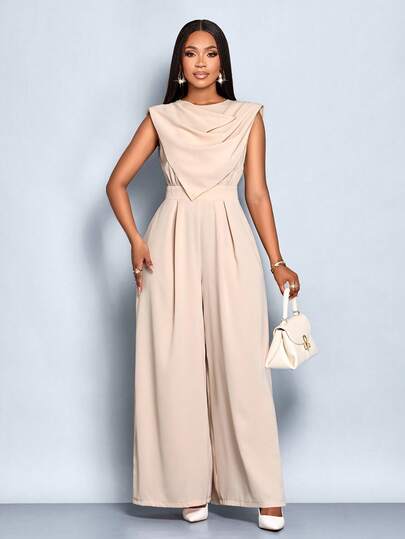 SOLERSUN 女式优雅垂坠领收腰无袖连体裤，新款简约纯色杏色褶饰不对称领口阔腿连体裤，性感收腰感恩节女装