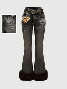 ROMWE J-Fashion 女士 Y2K 辣妹原宿风水钻骷髅星形图案性感喇叭低腰牛仔裤（含腰带） - 深灰色 - 查看 1