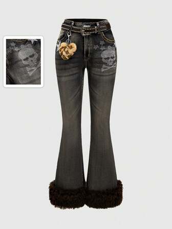 J-Fashion Jeans évasés à taille basse sexy avec motif de crâne et d'étoiles en strass pour femmes, style Y2K Gyaru Harajuku (avec ceinture)