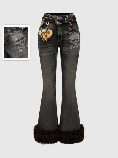 J-Fashion Jeans évasés à taille basse sexy avec motif de crâne et d'étoiles en strass pour femmes, style Y2K Gyaru Harajuku (avec ceinture)