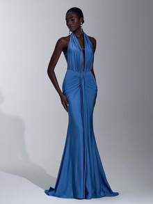 Elitara Elegant, Romantic, Sexy, Simple, Gray-Blue, Stretch Fabric, Backless, Fishtail Hem, Fashionable, Popular, Suitable For Vacation, Festival, Birthday Party, Wedding Event, Dinner Dress, Bridesmaid Dress - Blue - View 4