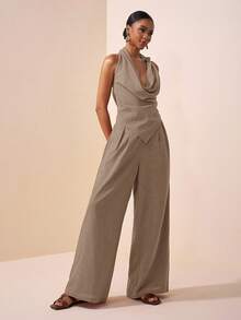 Zivah 2025 Spring/Summer New Music Festival, Easter, St. Patrick's Day, Western, Nomadic, Birthday Party, Graduation, College Style, Student Wear, Casual Everyday, Basic Versatile, Leisure, Cruise Travel, Beach, Sunbathing, Viral , Streetwear, Wedding Guest Boho, Commute, Brunch, Airport Outfit - Asymmetric Knot Design Pointed Top In Brown Textured Fabric, Flared Collar Top And Wide Leg Pants Suit, 2 Pieces Set