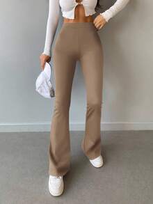 EURMUSE High-Waisted Flared Leg Pants - Mocha Brown - View 4