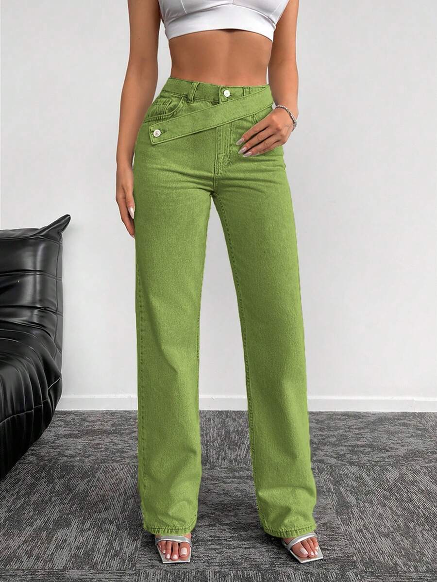 EURMUSE Ladies' Solid Straight-Leg Jeans - Army Green - View 1