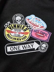 青少年男孩/青少年男孩休闲日常百搭舒适印花图案宽松连帽运动衫 - 黑色 - 查看 4