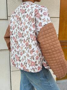 SHEIN Unity Áo khoác chần bông cổ tròn tay dài in họa tiết tương phản cổ điển dành cho nữ, mặc thường ngày và ngày lễ, mùa thu/đông - Nhiều màu - Xem 2