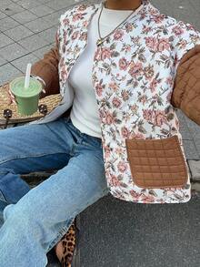 SHEIN Unity Áo khoác chần bông cổ tròn tay dài in họa tiết tương phản cổ điển dành cho nữ, mặc thường ngày và ngày lễ, mùa thu/đông - Nhiều màu - Xem 6