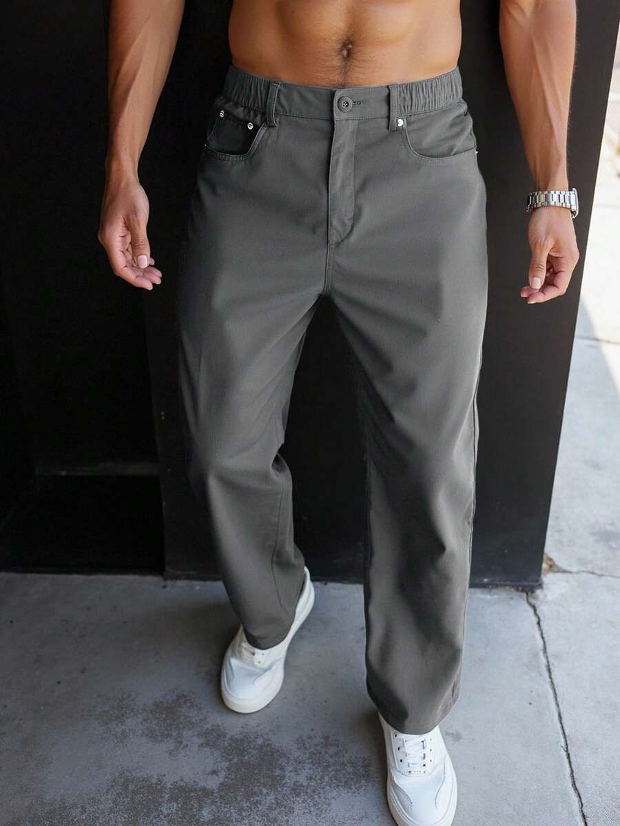 Manfinity Homme Men Solid Color Zipper Pocket Casual Straight Leg Pants, Fall - Dark Grey - View 1