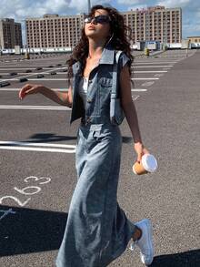 DAZY 女士单排扣短袖外套和口袋中长裙休闲两件套，秋冬款 - 淺色水洗藍 - 查看 4