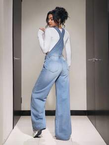 SHEIN PETITE 女式无袖时尚休闲牛仔连体裤，带口袋，百搭春夏季 - 淺色水洗藍 - 查看 2