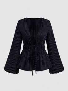 Sweetra Front Tie Deep V Slit Flare Sleeve Cinched Waist Fitted Brown & White Striped Casual, Commute, Date Night Elegant Relaxed Blouse Top, Plus Size - Navy Blue - View 1