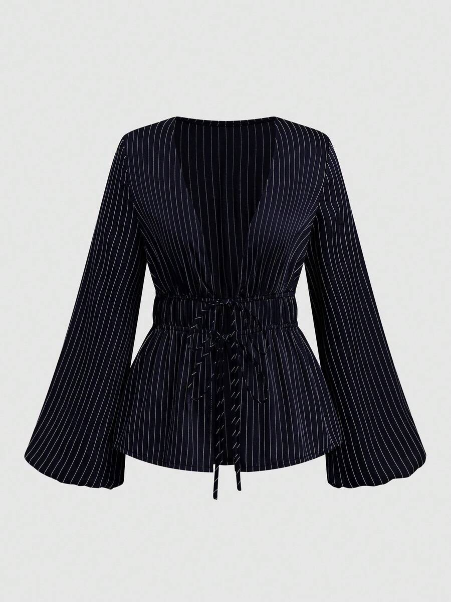 Sweetra Front Tie Deep V Slit Flare Sleeve Cinched Waist Fitted Brown & White Striped Casual, Commute, Date Night Elegant Relaxed Blouse Top, Plus Size - Navy Blue - View 1