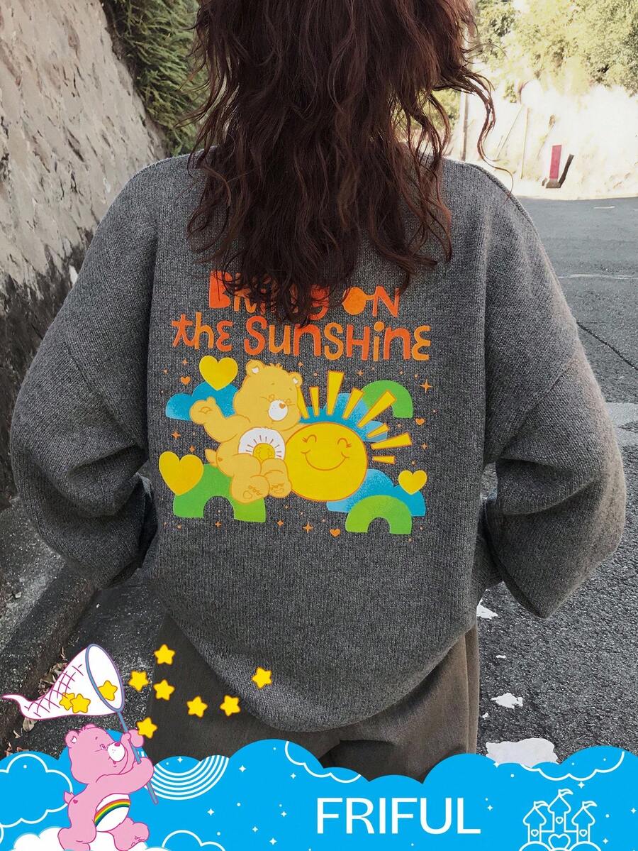 FRIFUL SHEIN X Care Bears Women's Cartoon Pattern Loose Fit Thick Fleece Sweater, Autumn/Winter - Grey - View 1