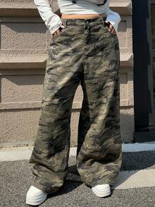 Dazy Plus 迷彩印花宽松阔腿街头风格长牛仔裤，四季皆宜 - 軍綠色 - 查看 6