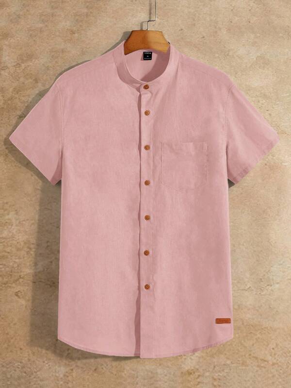 HIMLAND Men's Casual Woven Letter Leather Patch Decor Stand Collar Slim Fit Short Sleeve Shirt, Old Money Men S Summer Button Ups Rose Shirt Men Men S Summer Button Shirts Short Sleeve Apricot Men Shirt Linen Men Shirts