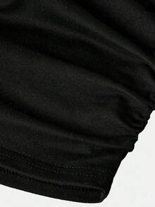 SHEIN 青少年女孩休闲黑色圆领字母印花褶皱长袖修身针织上衣和喇叭裤套装，适合居家和外出，喇叭裤套装，母子装 - 黑色 - 查看 8