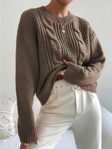 Chiquease Cable Knit Drop Shoulder Sweater,Long Sleeve Tops Knit Pullover Fall Winter Outfit - Khaki - View 4